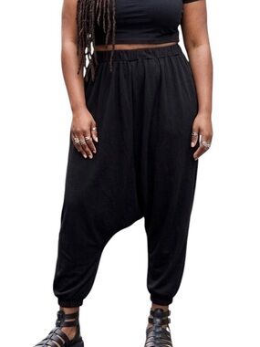 Black Stretchy Harem Pants Dropped Crotch Hammer Pants Plus Size 2XL